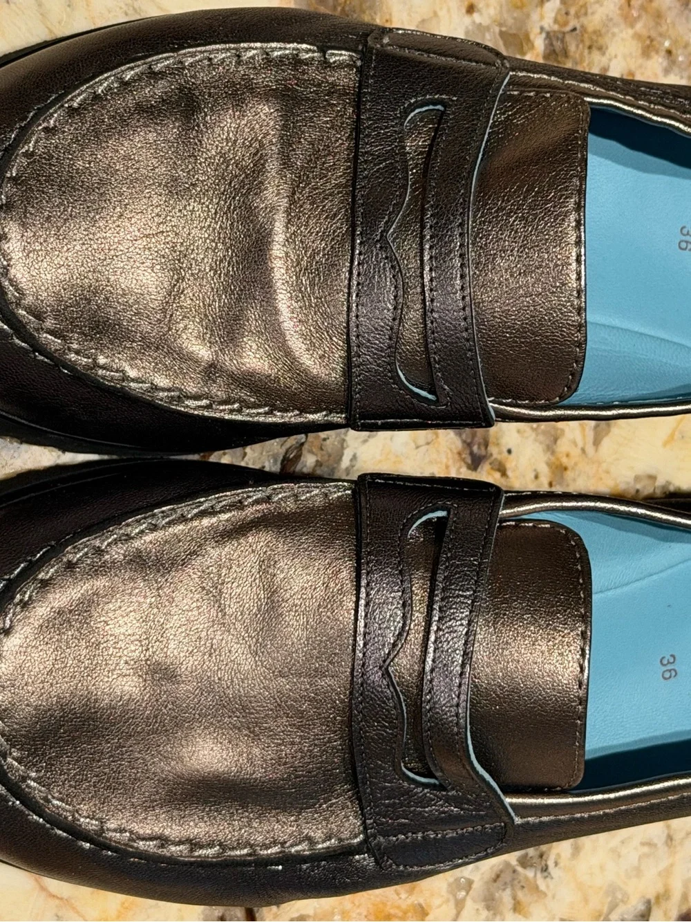 Thierry Rabotin Pewter Metallic Leather Penny Loafers 36 US 6 Made In Italy